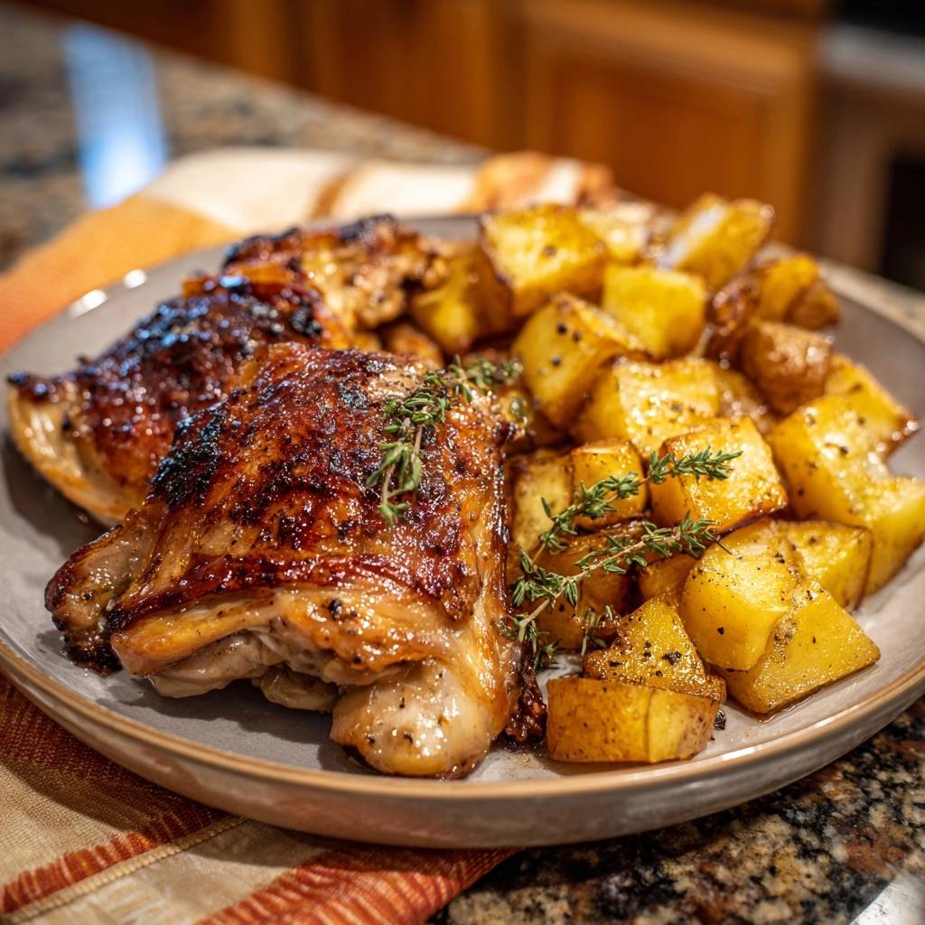Knusprige Hähnchenschenkel mit Thymiankartoffeln