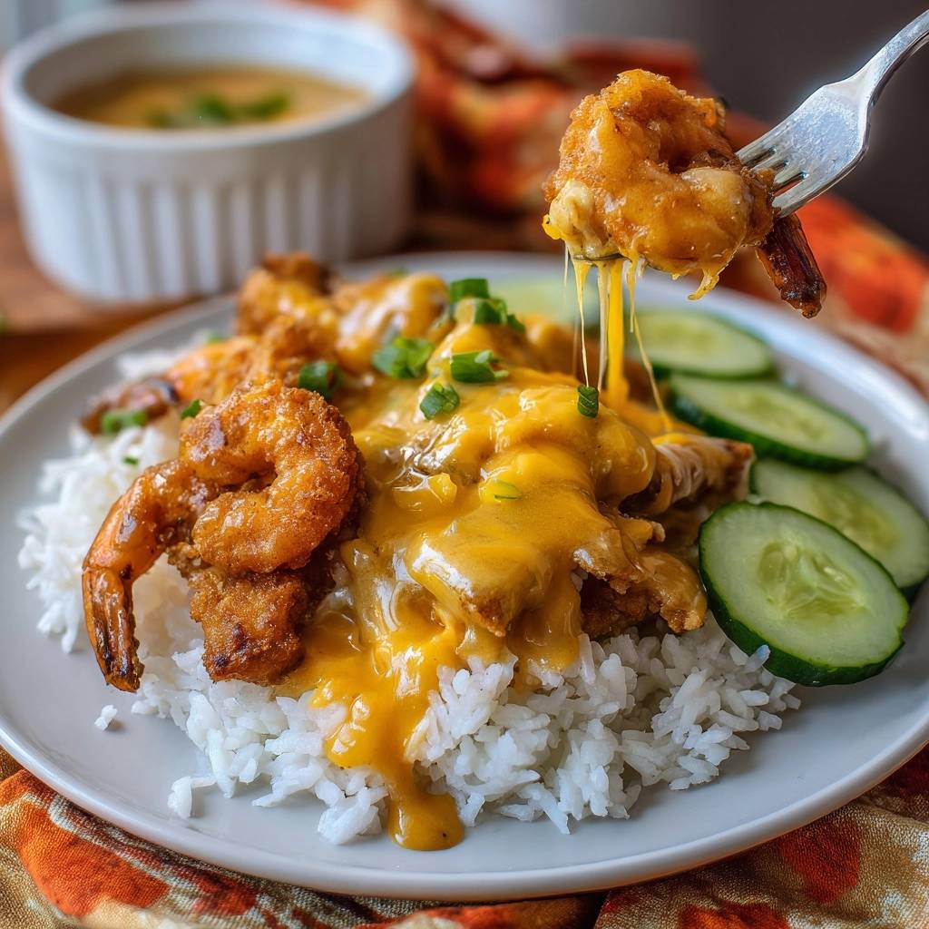 Knusprige Käse-Garnelen auf Reis