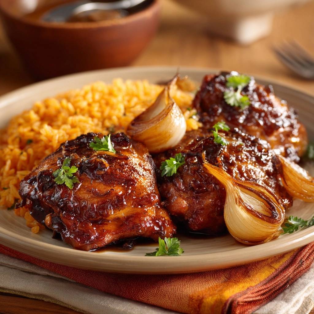 Glasierte Hähnchenschenkel mit Zitronzwiebeln und Goldreis