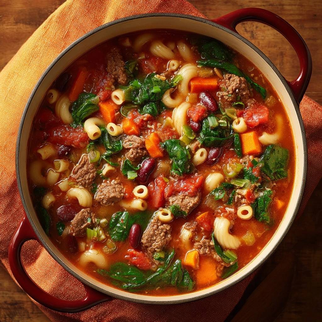 Rindfleisch-Eintopf mit Muschelnudeln, Bohnen und Spinat