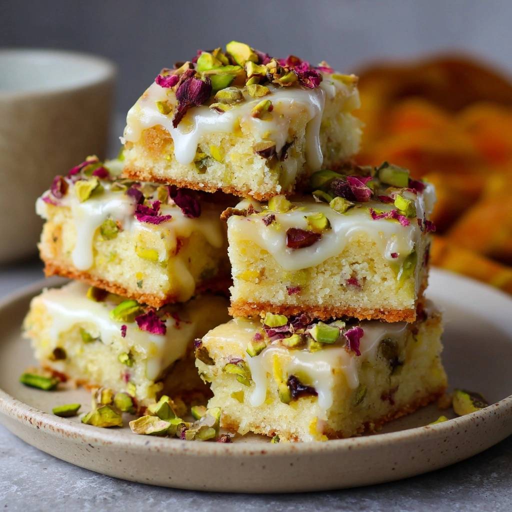 Saftige Pistazien-Rosen-Kuchenstücke