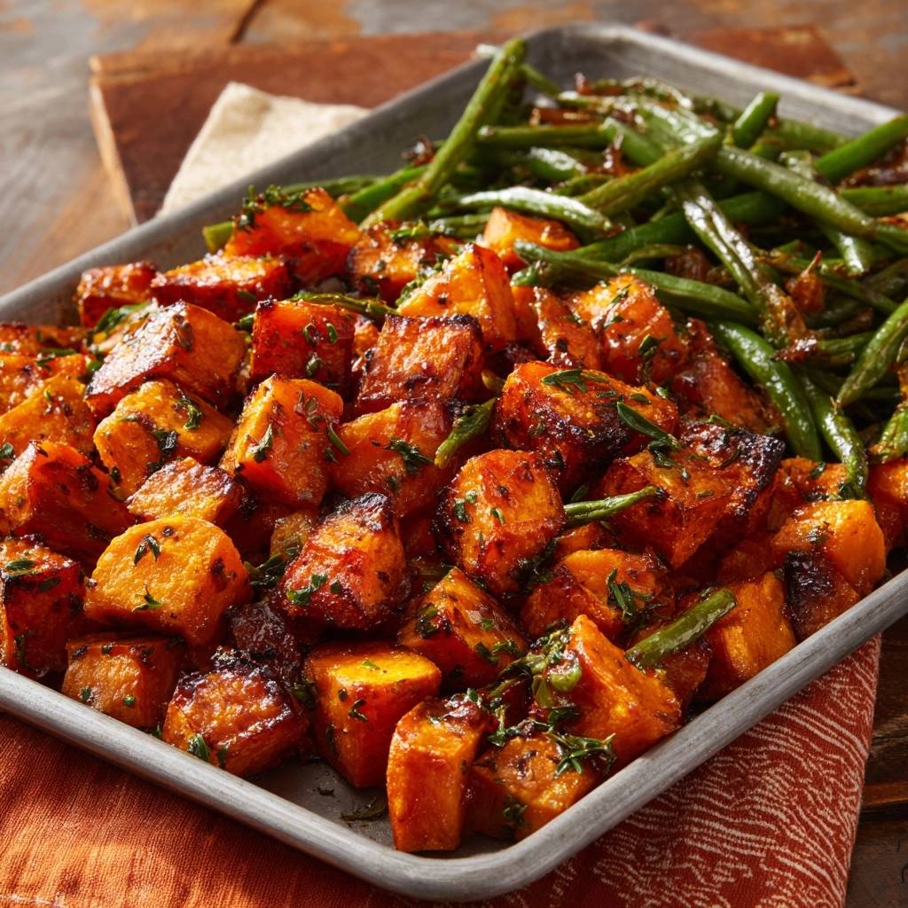 Knuspriges Ofengemüse mit Süßkartoffeln & Bohnen