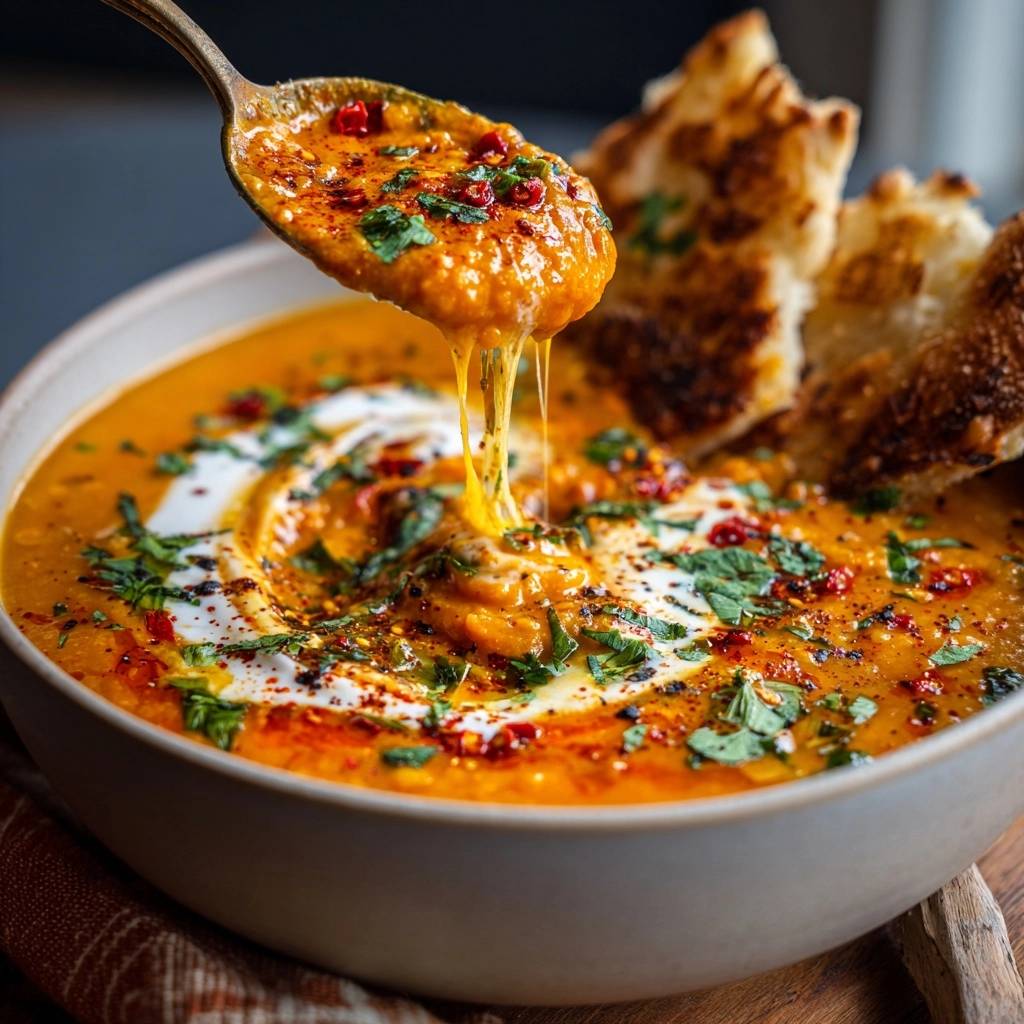 Cremiges Karotten-Linsen-Dal mit Käse und Naan