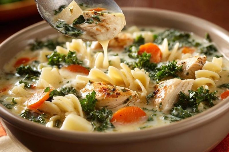 Cremige Hühnersuppe mit Kale und Nudeln