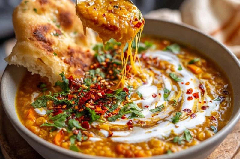 Cremiges Karotten-Linsen-Dal mit Käse und Naan