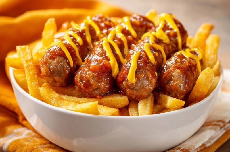 Curryfrikadellen mit Pommes