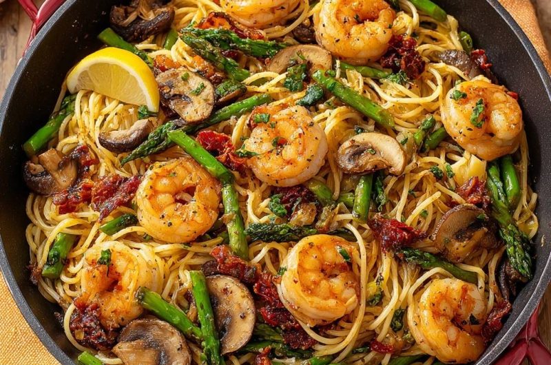 Garnelen-Spaghetti mit Spargel, Pilzen & Tomaten