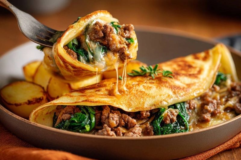 Gebratene Crespelles mit Rinderhack-Spinat-Füllung