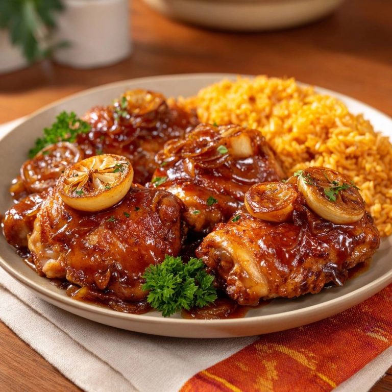 Glasierte Hähnchenschenkel mit Zitronzwiebeln und Goldreis
