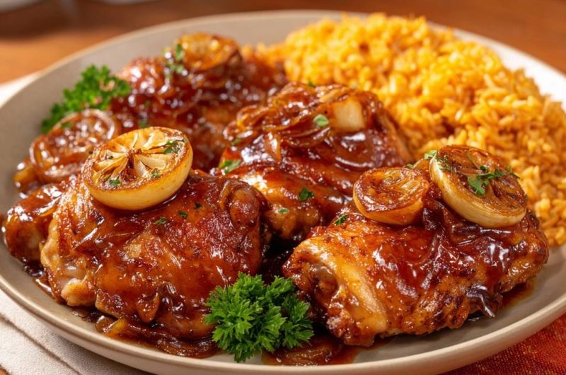 Glasierte Hähnchenschenkel mit Zitronzwiebeln und Goldreis