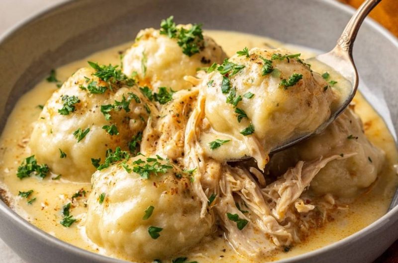 Hähnchen mit Knödeln in cremiger Soße