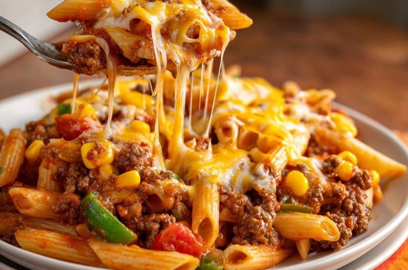 Käse überbackene Penne mit Hack, Paprika und Mais (Keine wässrige Soße mehr)