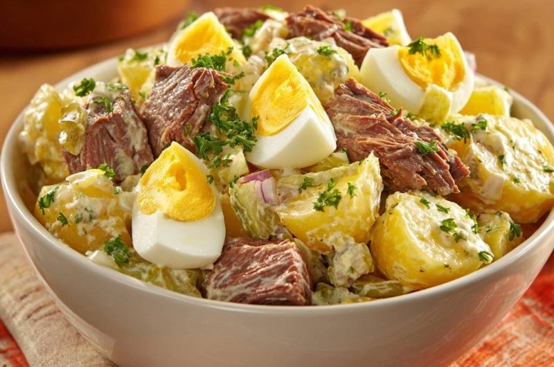Kartoffelsalat mit Rindfleisch und Ei (Nie wieder matschige Kartoffeln!)