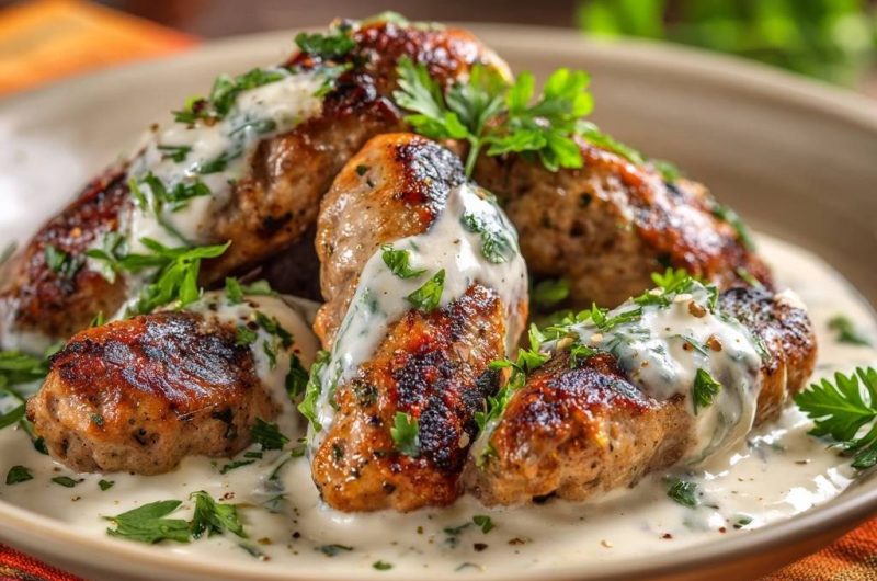 Knusprige Hähnchen-Kofta mit cremiger Kräutersoße