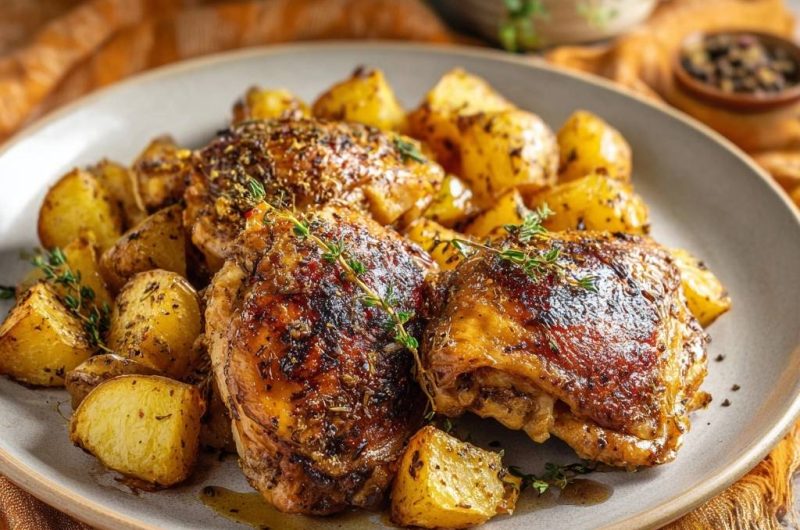 Knusprige Hähnchenschenkel mit Thymiankartoffeln