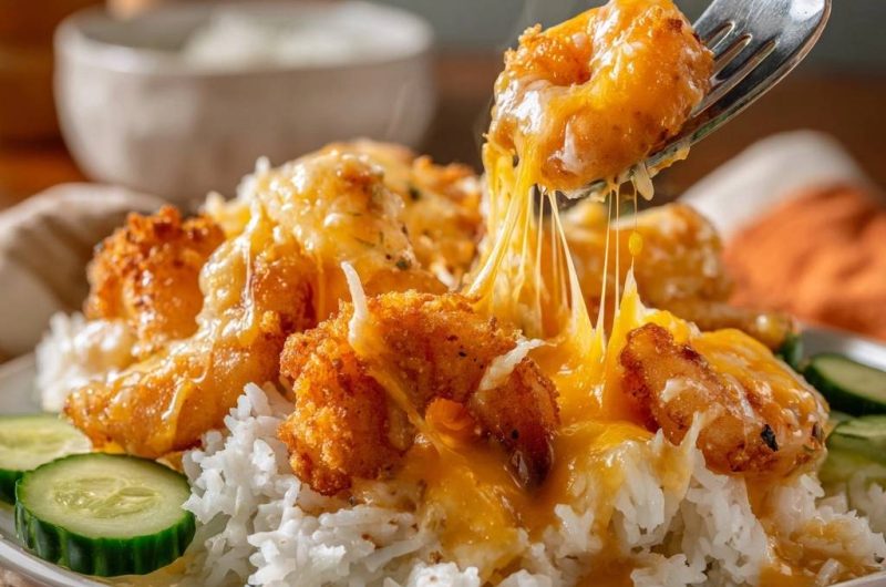 Knusprige Käse-Garnelen auf Reis