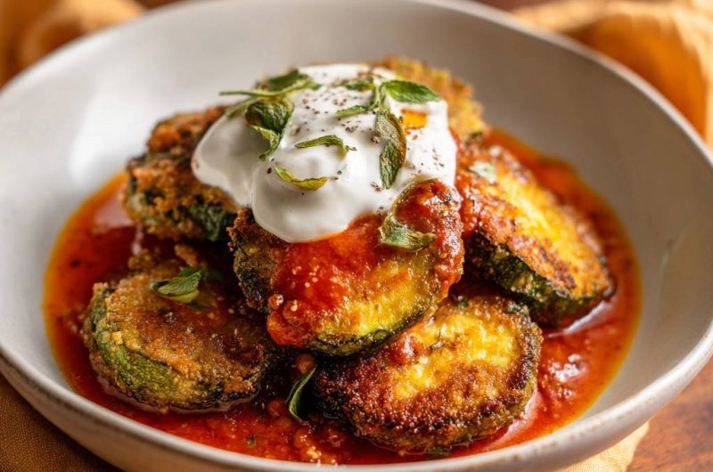 Knusprige Zucchini in Tomatensoße