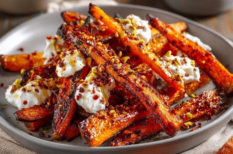 Knusprige glasierte Karottensticks mit Pistazien-Joghurt