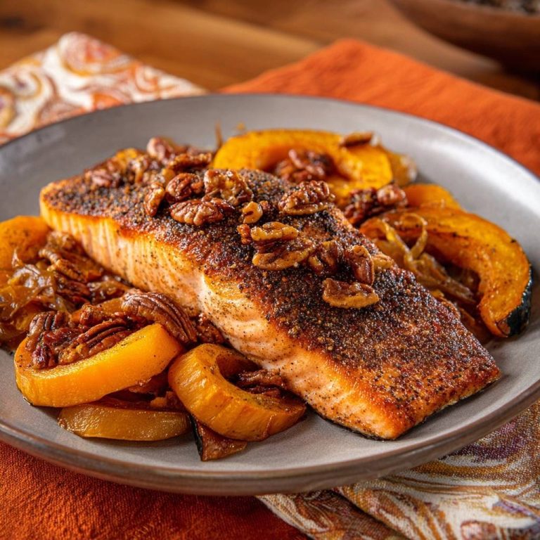 Knuspriger Pekannuss-Lachs mit Kürbis und Zwiebeln