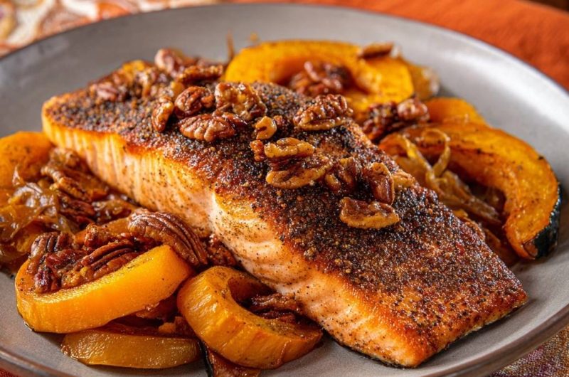 Knuspriger Pekannuss-Lachs mit Kürbis und Zwiebeln