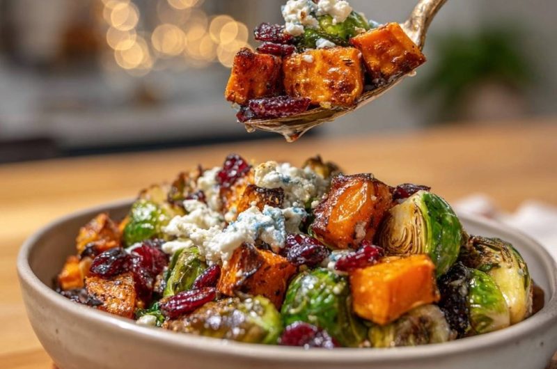 Knuspriger Rosenkohl mit Süßkartoffeln, Cranberries & Blauschimmelkäse (Nie wieder matschiger Rosenkohl!)