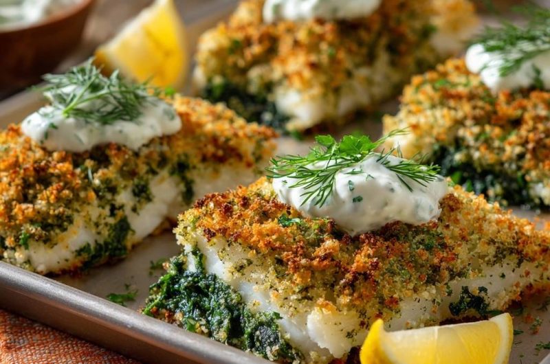 Knuspriger Spinat-Fisch mit Dill-Joghurt