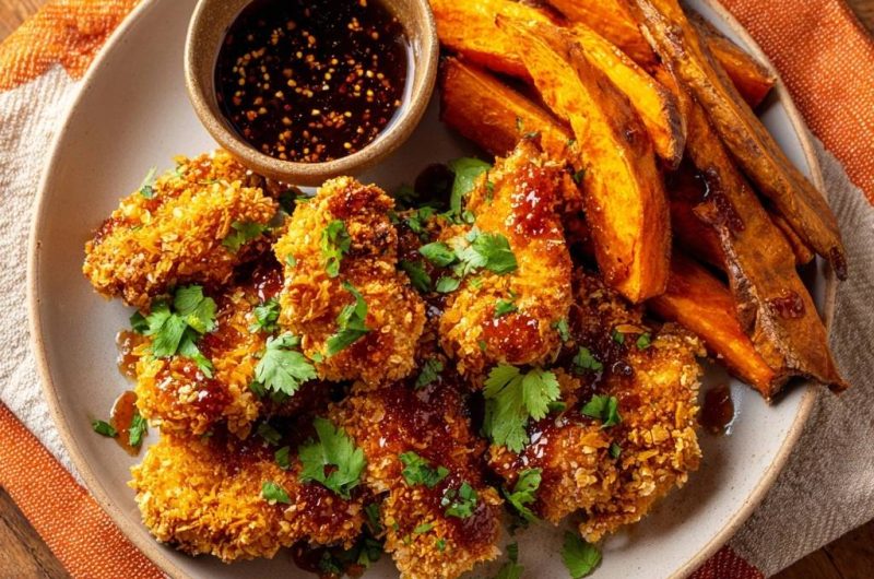 Knuspriges Glasur-Hähnchen mit Süßkartoffel-Fries