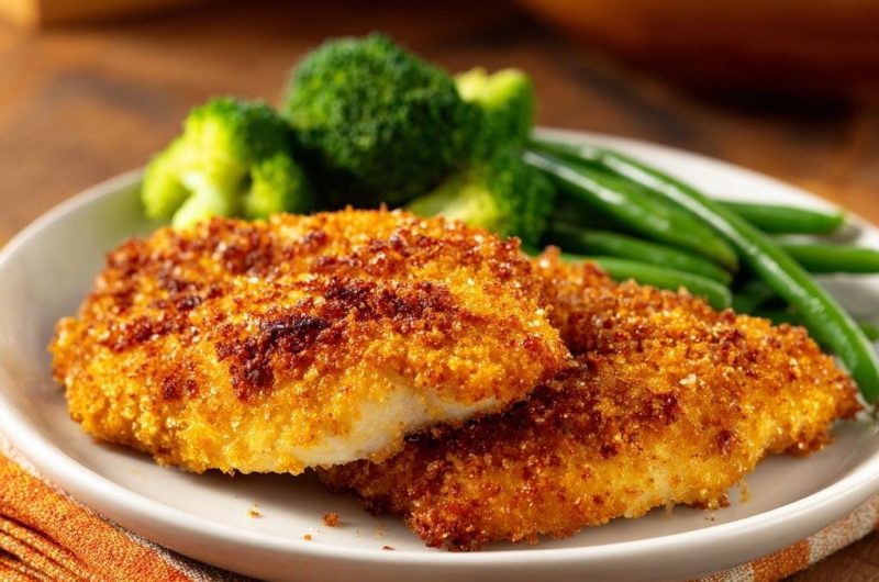 Knuspriges Paniertes Hähnchen mit Brokkoli und Bohnen