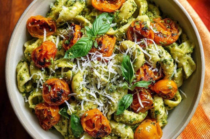 Pesto-Muschelnudeln mit gerösteten Kirschtomaten (Kein öliges Pesto mehr!)