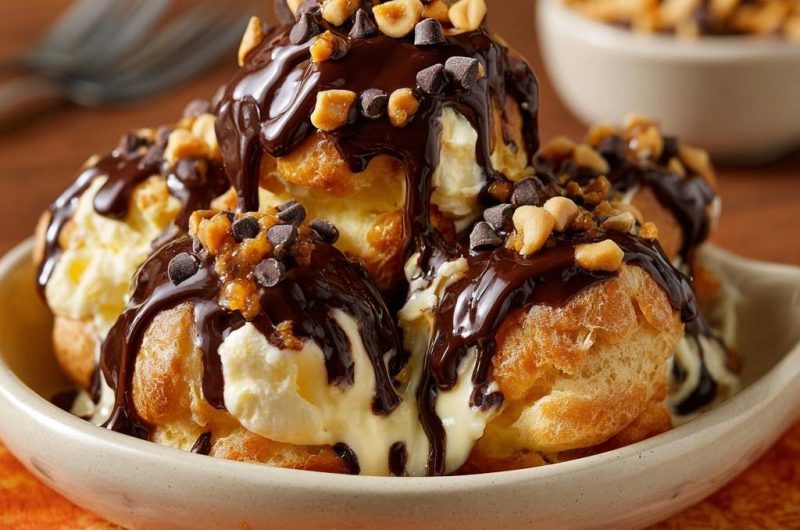 Profiteroles mit Vanilleeis, Schoko und Erdnüssen (Nie wieder zusammenfallende Windbeutel!)