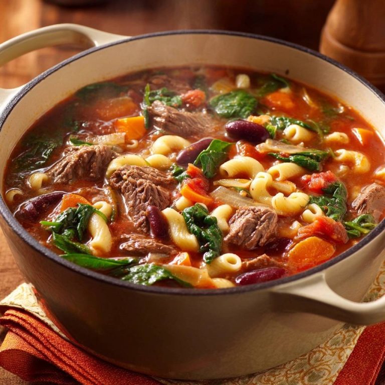 Rindfleisch-Eintopf mit Muschelnudeln, Bohnen und Spinat