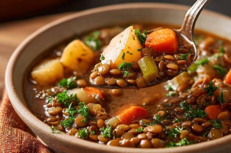 Rustikaler Linseneintopf mit Kartoffeln und Karotten