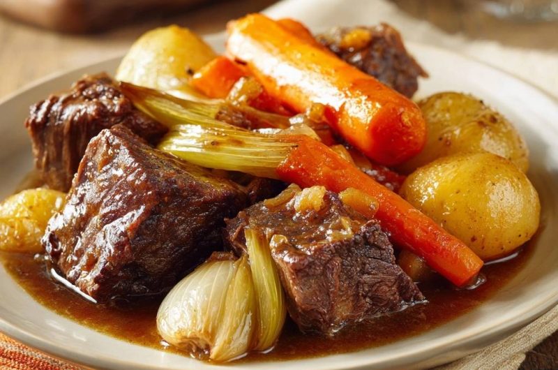 Rustikales Rindergulasch mit Lauch und Perlenzwiebeln