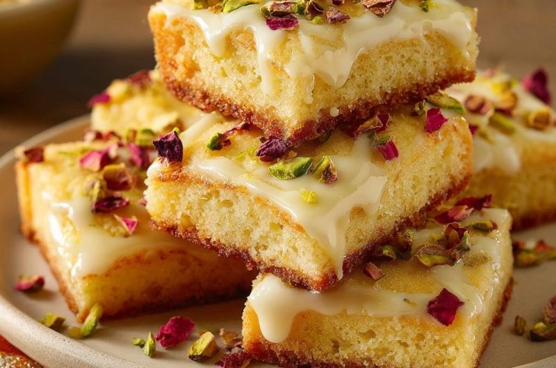 Saftige Pistazien-Rosen-Kuchenstücke