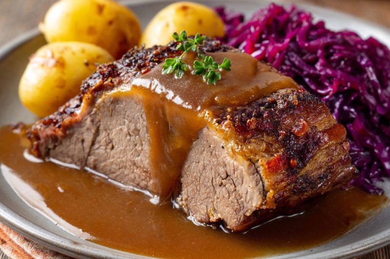 Saftiger Festtagsbraten mit Rotkohl und Kartoffeln
