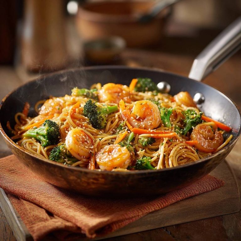 Saftiger Garnelen-Wok mit Brokkoli-Nudeln – Rezept