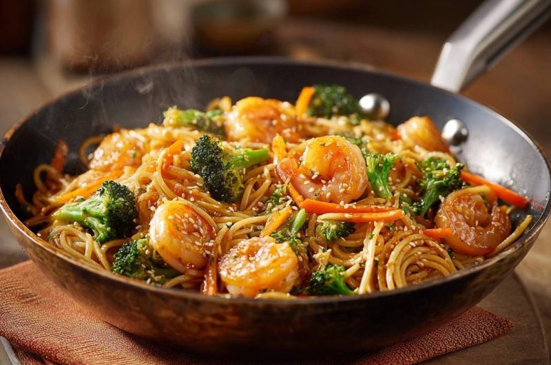 Saftiger Garnelen-Wok mit Brokkoli-Nudeln