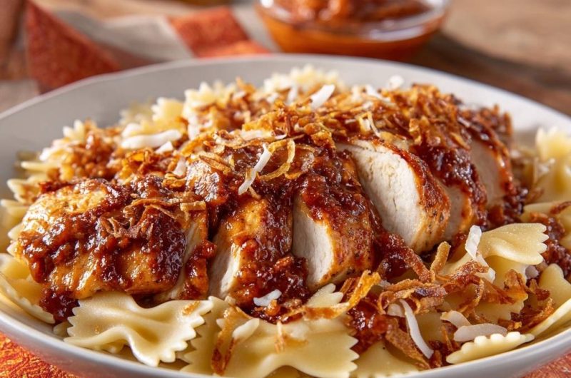 Saftiges Hähnchen-Farfalle mit Kokos-Knusper