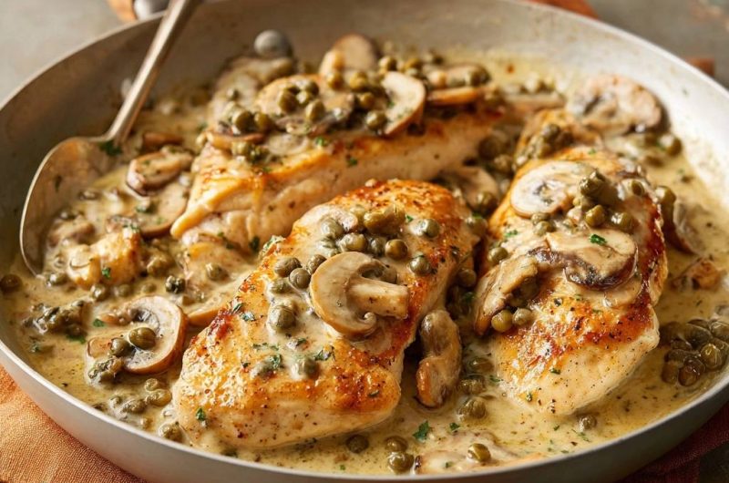 Saftiges Hähnchen mit Pilzen und Kapern
