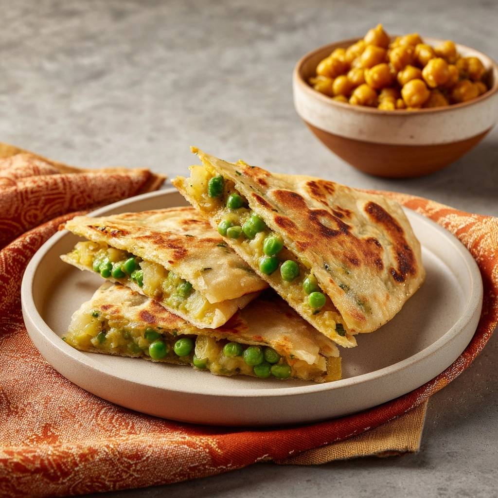 Aloo-Gobi-Mattar-Parathas mit gerösteten Kichererbsen, serviert auf einem Teller. Dieser Nahaufnahme-Querschnitt zeigt die köstliche Füllung aus Erbsen und Kartoffeln.