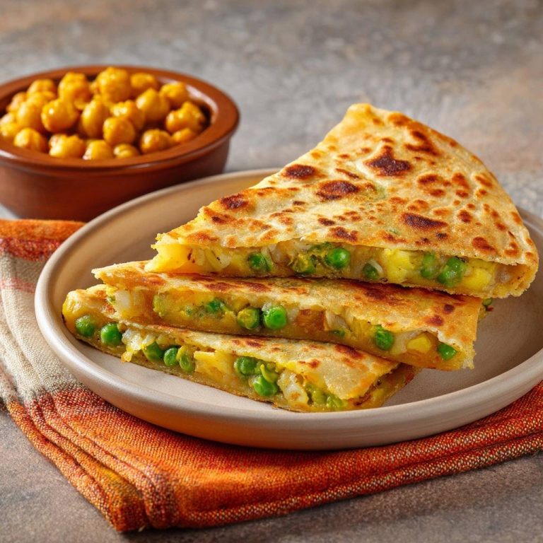 Aloo-Gobi-Mattar-Parathas im Querschnitt, mit Erbsen und Kartoffeln gefüllt, auf einem Teller serviert und daneben Kichererbsen.