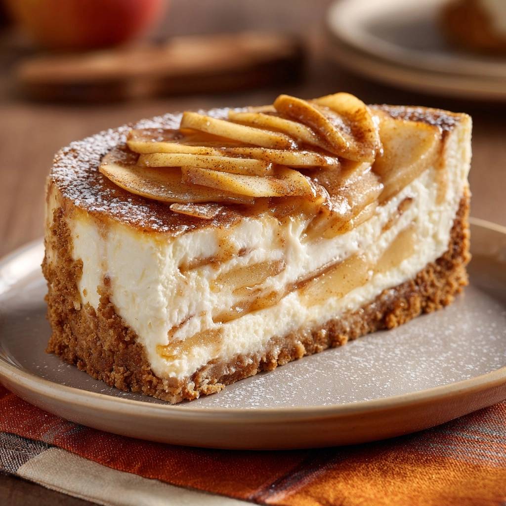 Apfel Karamell Cheesecake Querschnitt 1 Apfel-Karamell-Cheesecake zeigt einen köstlichen Querschnitt, der die cremige Füllung und die Schichten der gebackenen Äpfel offenbart.