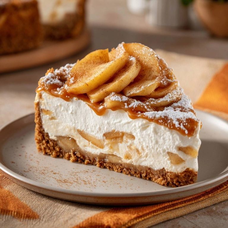 Apfel-Karamell-Cheesecake: Ein köstlicher Anschnitt zeigt die cremige Füllung mit Apfelstücken und die karamellisierte Oberfläche.