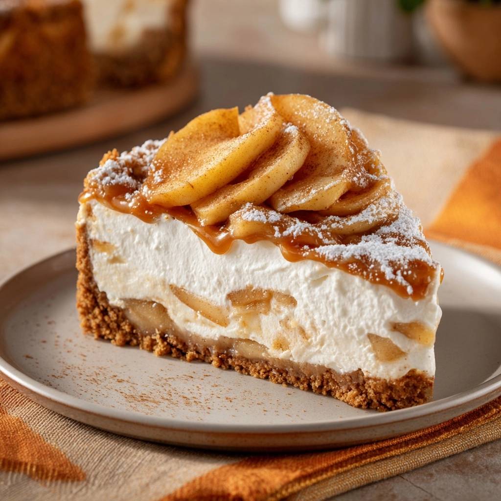 Apfel-Karamell-Cheesecake: Ein köstlicher Anschnitt zeigt die cremige Füllung mit Apfelstücken und die karamellisierte Oberfläche.
