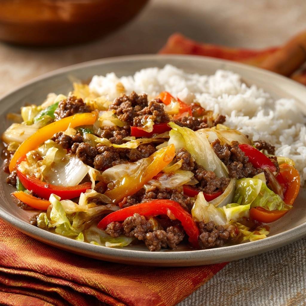 Asiatische Hack Gemuese Pfanne Auf Reis Telleransicht 1 Asiatische Hack-Gemüse-Pfanne auf Reis, eine Portion auf einem Teller mit weißem Reis und gebratenem Gemüse mit Hackfleisch.