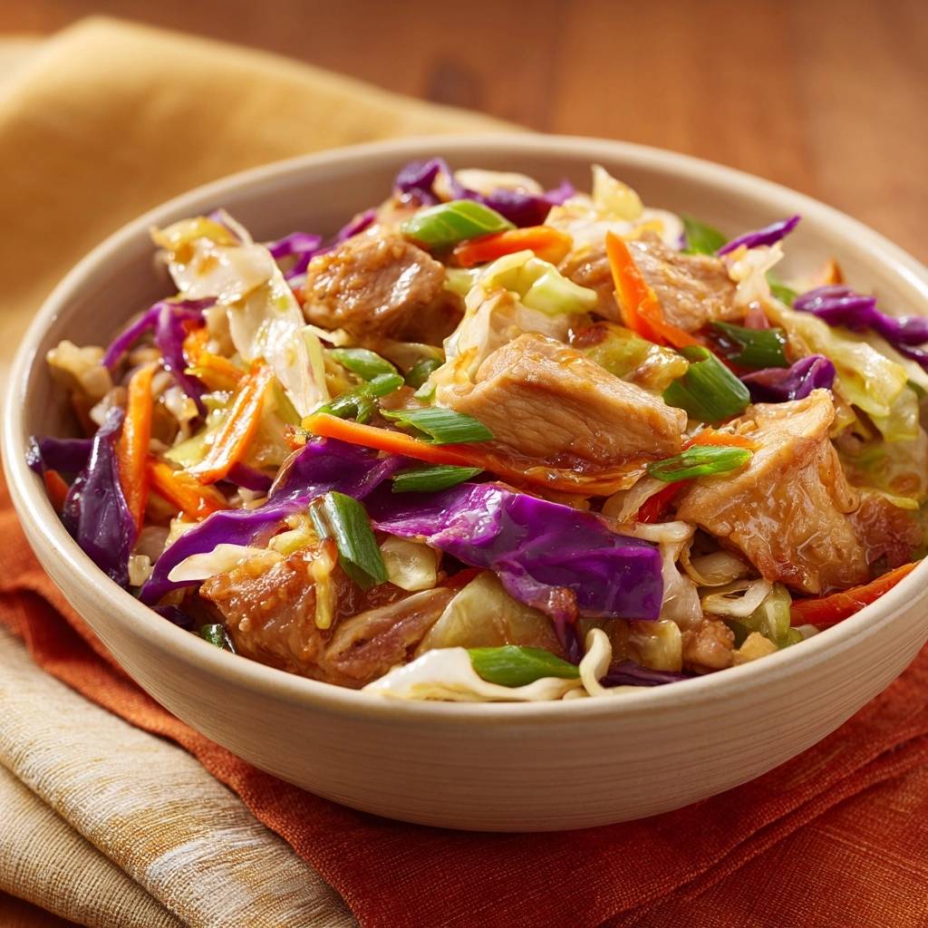 Asiatischer Huhner Kohl Wok Draufsicht 1 Asiatischer Hühner-Kohl-Wok in einer Schüssel aus der Vogelperspektive, mit knackigem Gemüse und saftigem Hühnchen.