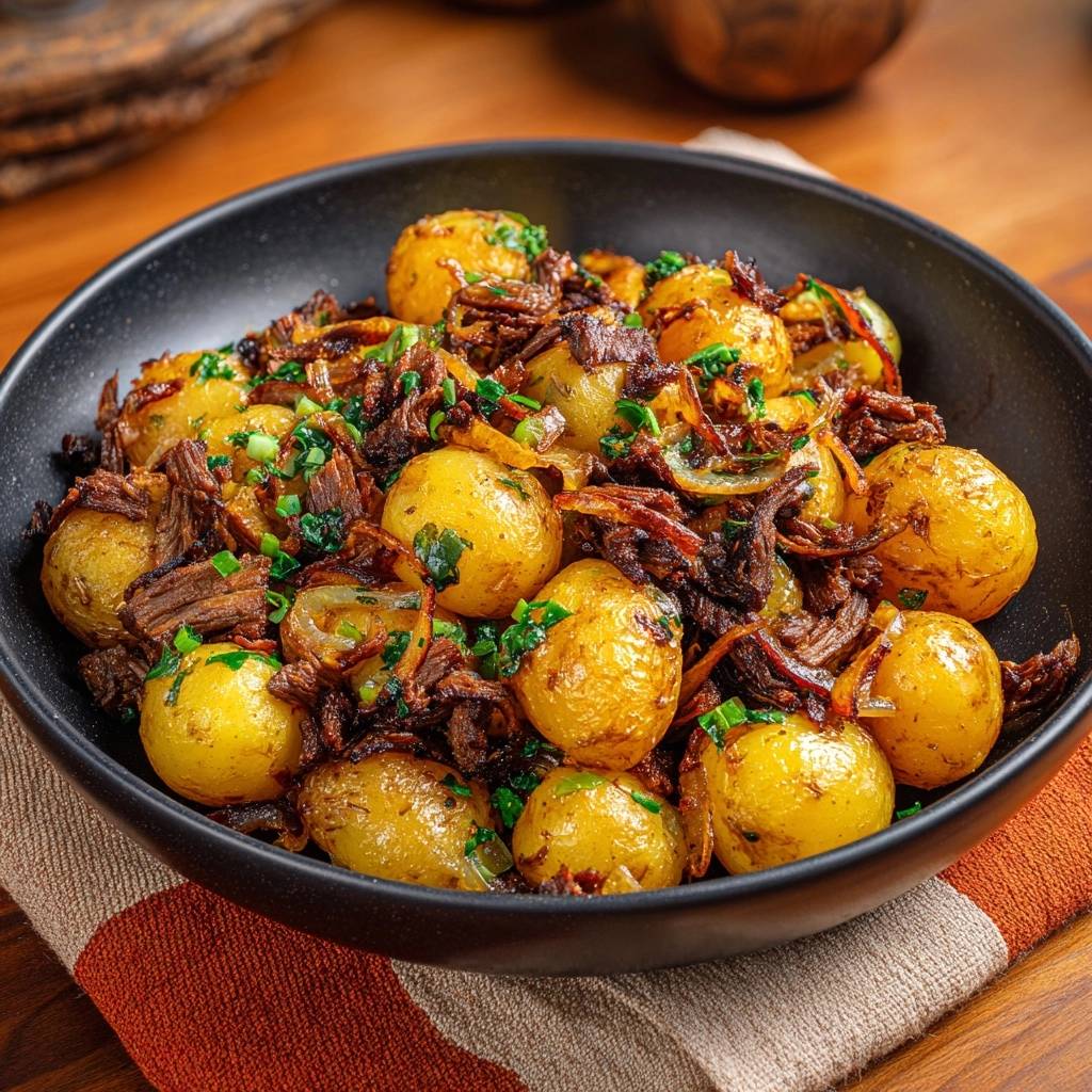 Babykartoffeln Mit Rindfleischstreifen Draufsicht 1 Babykartoffeln mit saftigen Rindfleischstreifen, serviert in einer schwarzen Schüssel, mit frischen Kräutern garniert und von oben fotografiert.