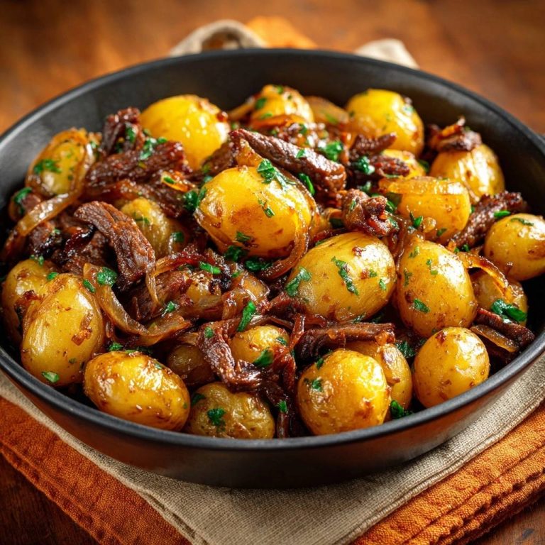 Babykartoffeln mit saftigen Rindfleischstreifen, zubereitet in einer dunklen Schüssel, serviert in einer Nahaufnahme, garniert mit frischer Petersilie.