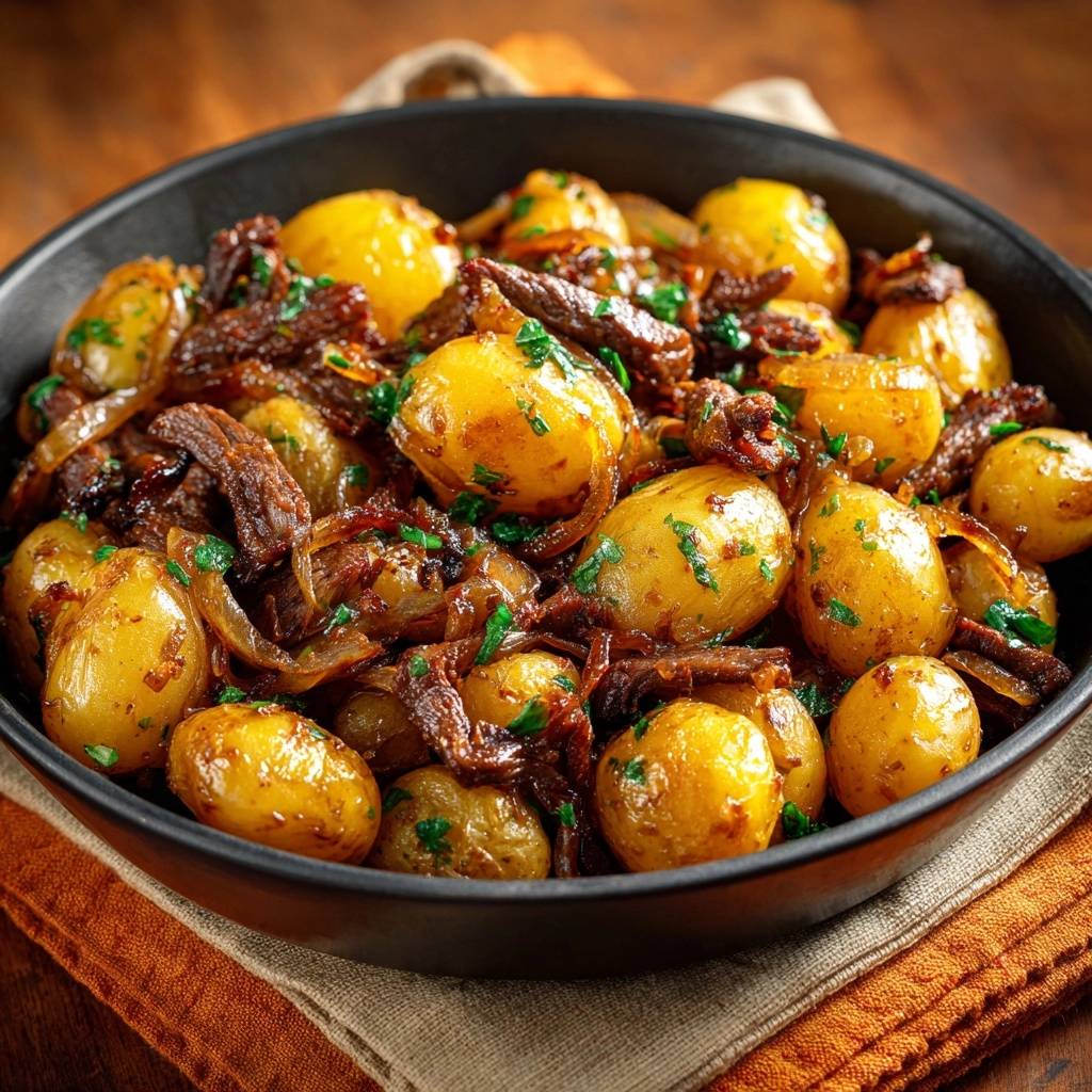 Babykartoffeln mit saftigen Rindfleischstreifen, zubereitet in einer dunklen Schüssel, serviert in einer Nahaufnahme, garniert mit frischer Petersilie.