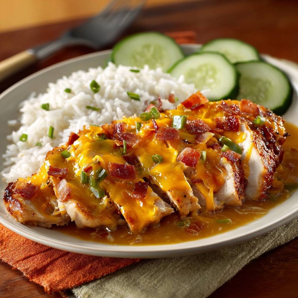 Saftiges Bacon-Cheddar-Hähnchen mit Jalapeños und Reis, angeschnitten und mit Käse überbacken, serviert mit Gurkenscheiben.